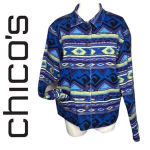 CHICOS SOUTHWEST WESTERN AZTEC INDIAN NAVAJO BUTTON FRONT DENIM JEAN JACKET Medi